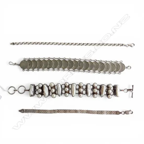 4 SILVER BRACELETS; PEARL, COIN, 2 OTHER