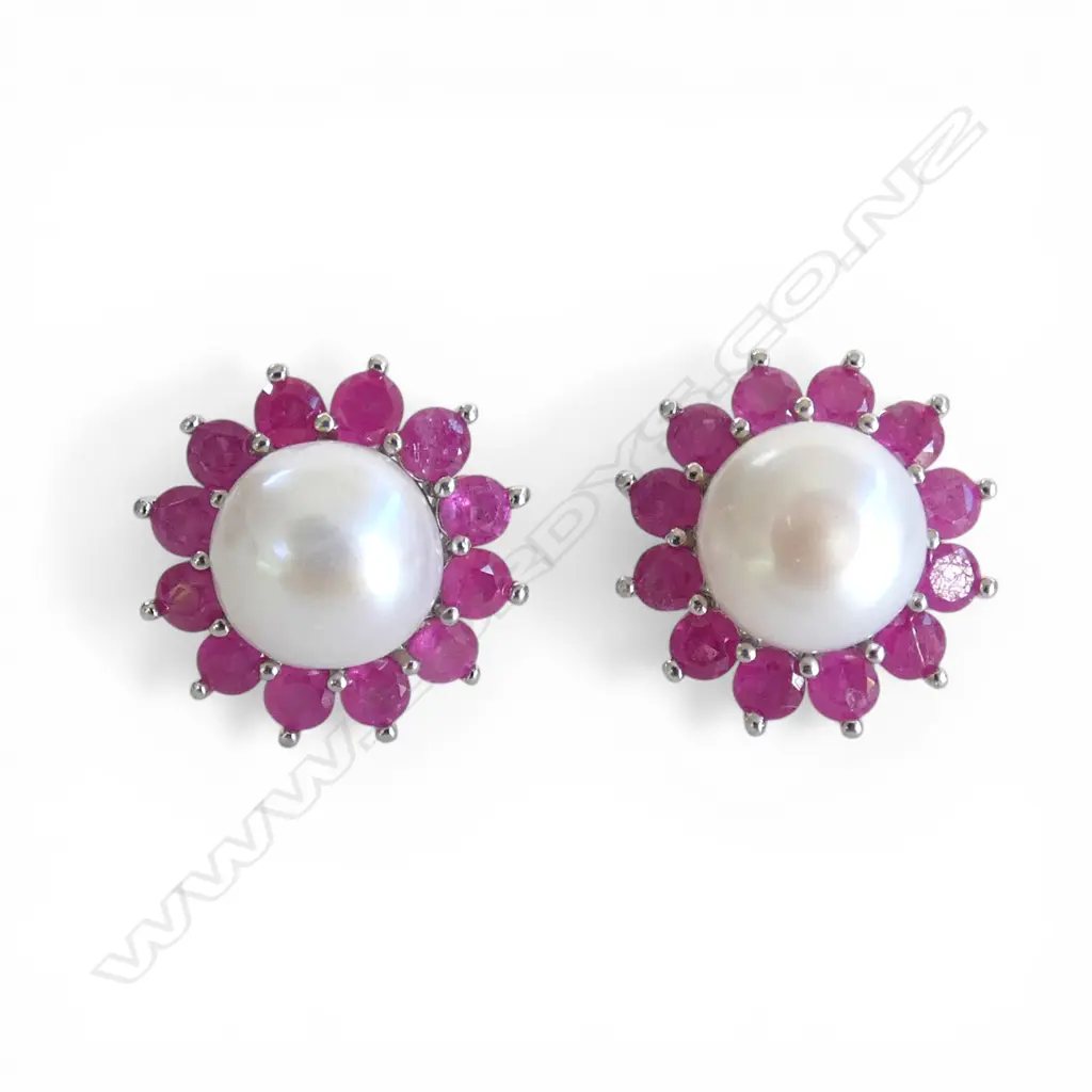 SILVER RUBY AND PEARL EARRINGS (enhanced ruby) Image 1++