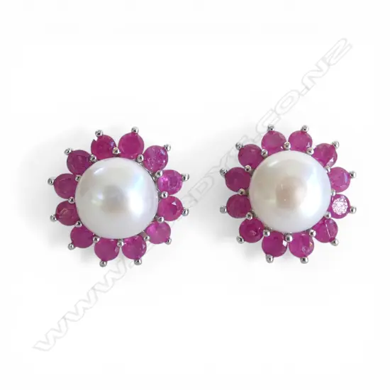 SILVER RUBY AND PEARL EARRINGS (enhanced ruby)