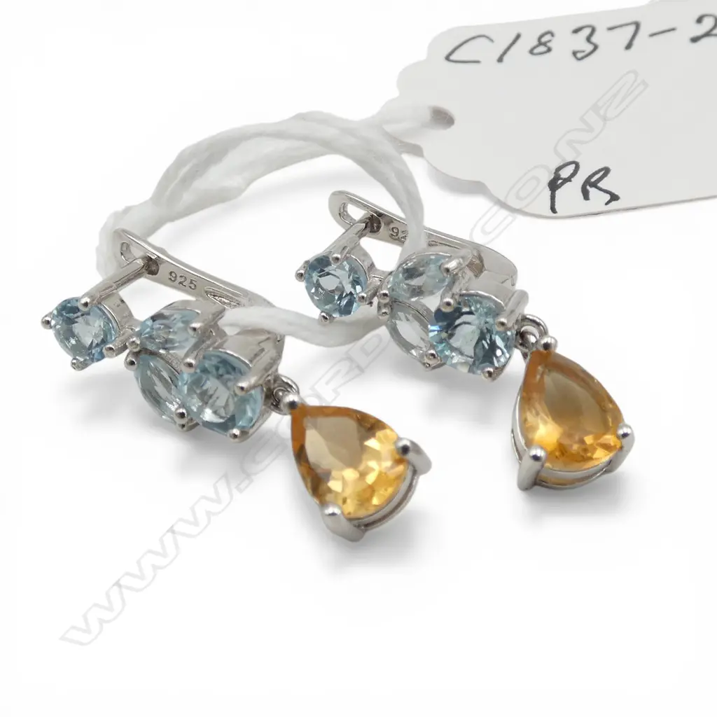 PR SILVER BLUE TOPAZ & CITRINE EARRINGS Image 1++