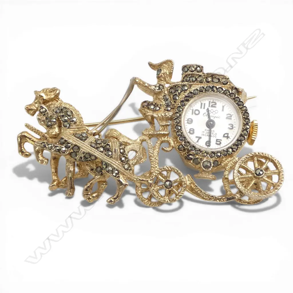 GOLD PLATE AND MARCASITE WATCH BROOCH Image 1++