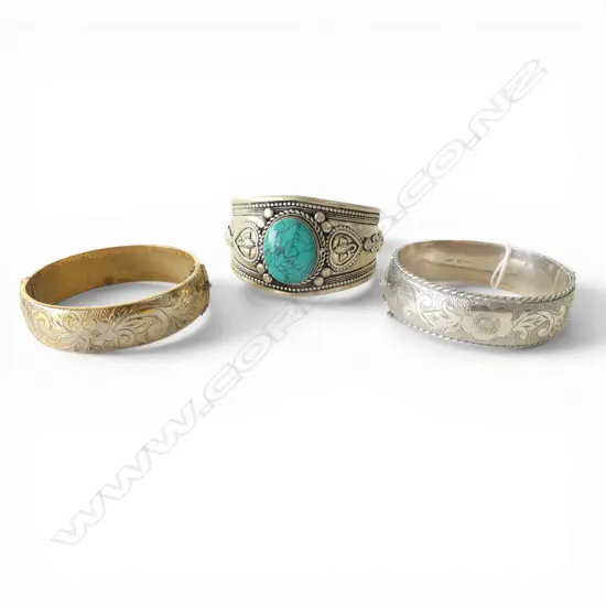 TIBETAN CUFF BRACELET WITH TURQUOISE & TWO BRACELETS (ONE STG SILVER)