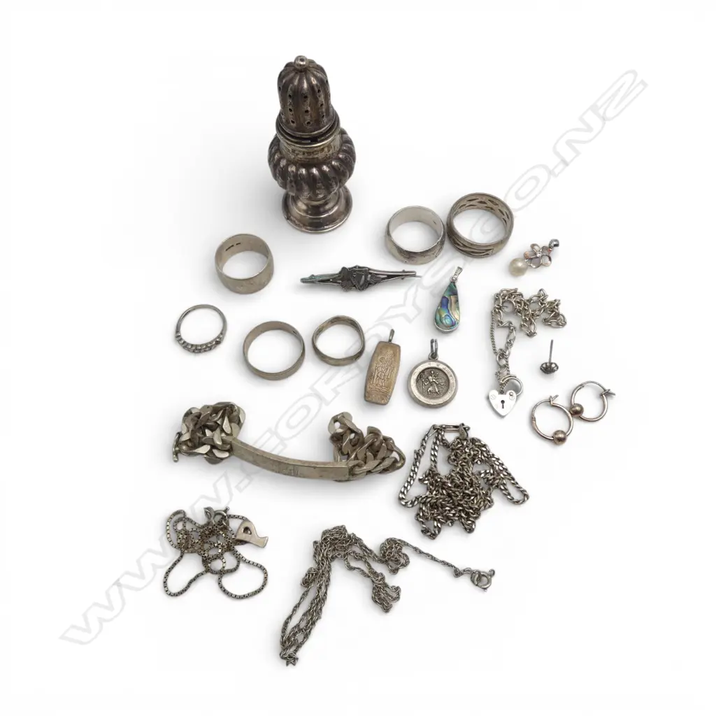 SILVER: JEWELLERY includes ID bracelet + rings etc + silver pepperette. 120+gms Image 1++