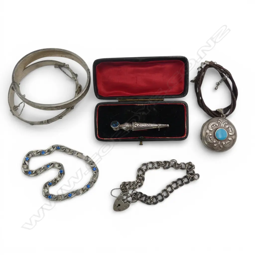 SILVER JEWELLERY: locket + 2 bangles + 2 bracelets + boxed antique brooch Image 1++