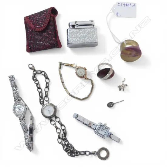 4 WRIST WATCHES (1 925 SILVER), LIGHTER, 2 RINGS, 2 STG CHARMS