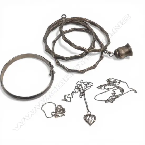 SILVER HINGED BANGLE + FINE NECK CHAINS + 4 OTHER silver plated BANGLES