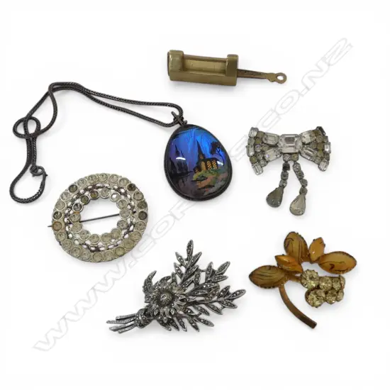 4 COSTUME BROOCHES, BUTTERFLY WING NECKLACE & BRASS LOCK