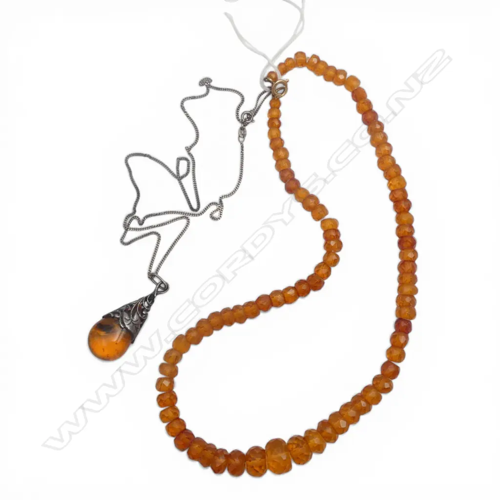 VINTAGE AMBER NECKLACE + SILVER NECKLACE W AMBER PENDANT drop Image 1++