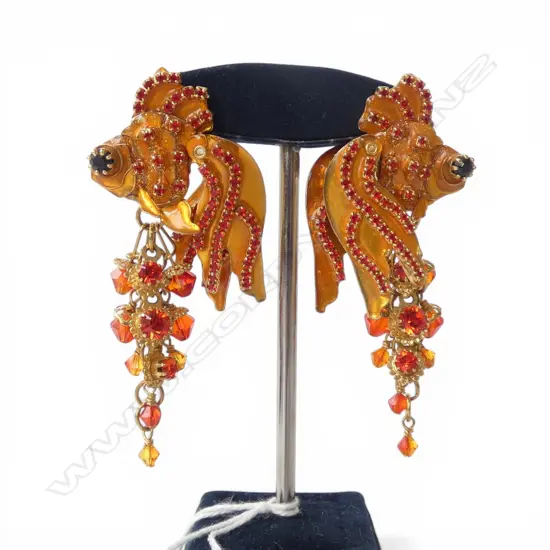 ARTICULATED BEADED COSTUME GOLDFISH EARRINGS 70MM DROP