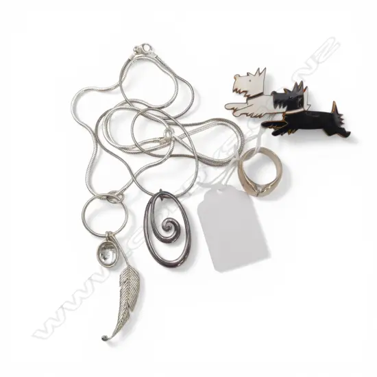 2 STYLISH SILVER PENDANT NECKLACES + RING + GILT ENAMEL SCOTTY DOG BROOCH