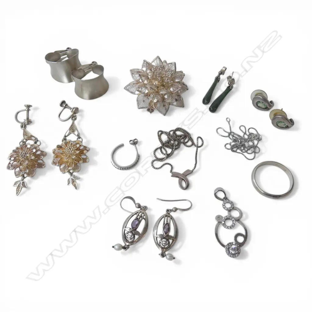 SILVER JEWELLERY: filigree brooch & earrings + pendant + 4 prs arrings + ring + 2 necklaces etc  56gms Image 1++