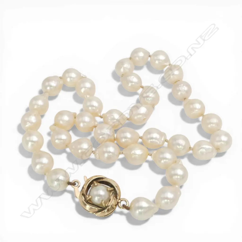 BAROQUE CULTURED PEARL NECKLACE w. 9ct YELLOW GOLD DOUBLE-SIDED CLASP L.410mm Image 1++