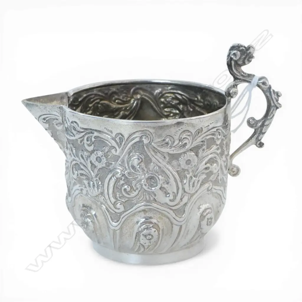 London 1892 EMBOSSED SILVER CREAM JUG fancy embossing 79.6gms Image 1++