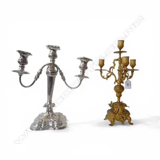 2 CANDELABRA H.370mm ; 1 GILDED METAL & 1 SILVER PLATE (FAULTED)