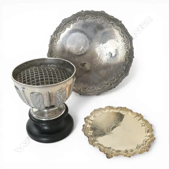 ASST SILVER PLATE: ROSE BOWL on stand + LGE TRAY + SMALL TRAY