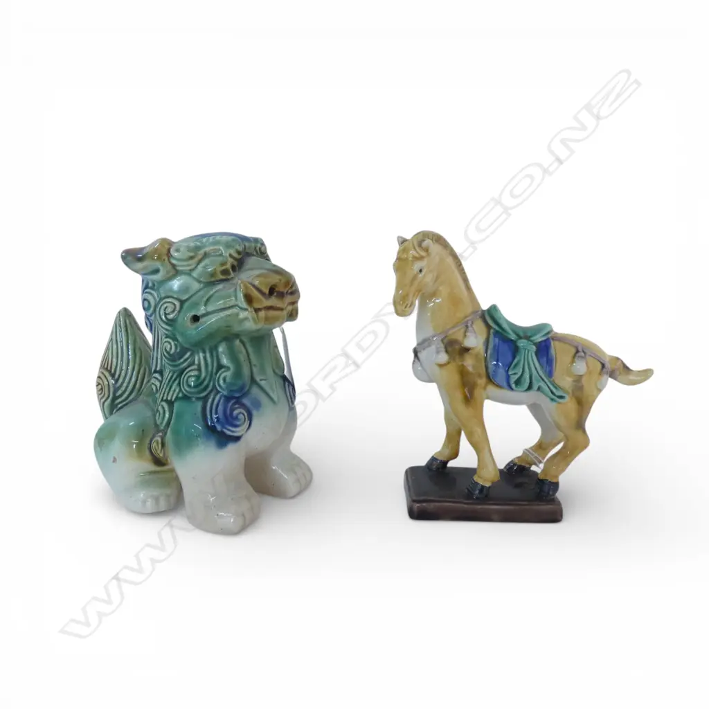 CHINESE TANG STYLE LION DOG + HORSE. Sancai glaze Image 1++