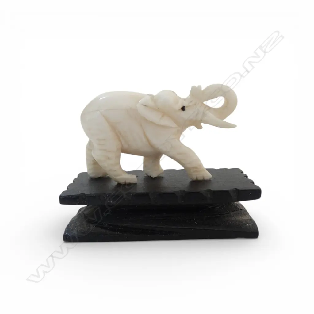 OLD SMALL IVORY CARVED ELEPHANT trunk raised. On base wood base.45mm Image 1++