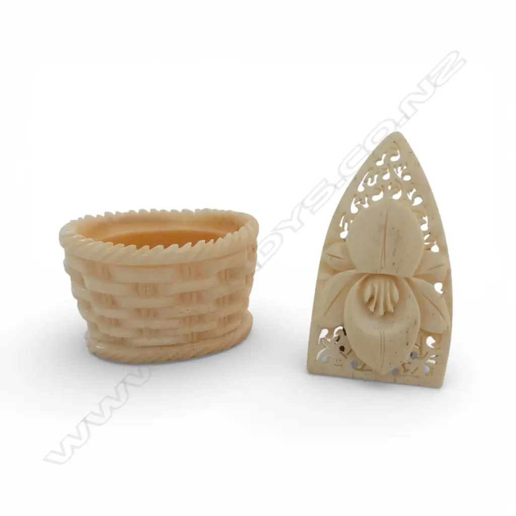 OLD SMALL IVORY CARVED BASKET & DRESS CLIP Image 1++