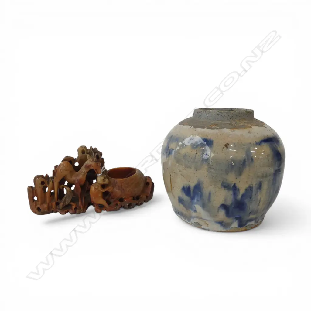 OLD CHINESE GINGER JAR blue mottled glaze + soapstone carving Image 1++