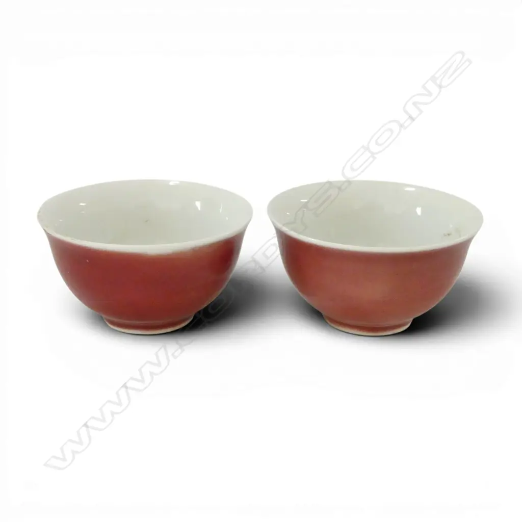 2 CHINESE BOWLS, RED GLAZE 85mm dia 1 AF CHIPPED Image 1++