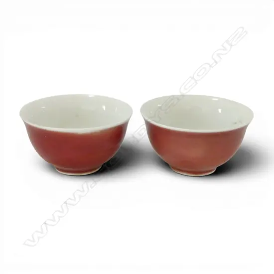 2 CHINESE BOWLS, RED GLAZE 85mm dia 1 AF CHIPPED