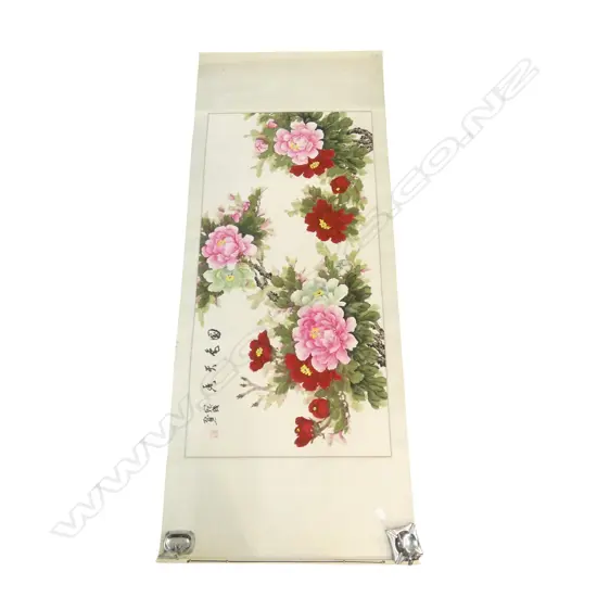 ORIENTAL W/C SCROLL BRIGHT FLOWERS SIGNED H1350 W670MM