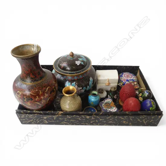 LGE COLLECTION CLOISONNE: Lidded pot + vase + many small pces + red eggs + butterfly box etc