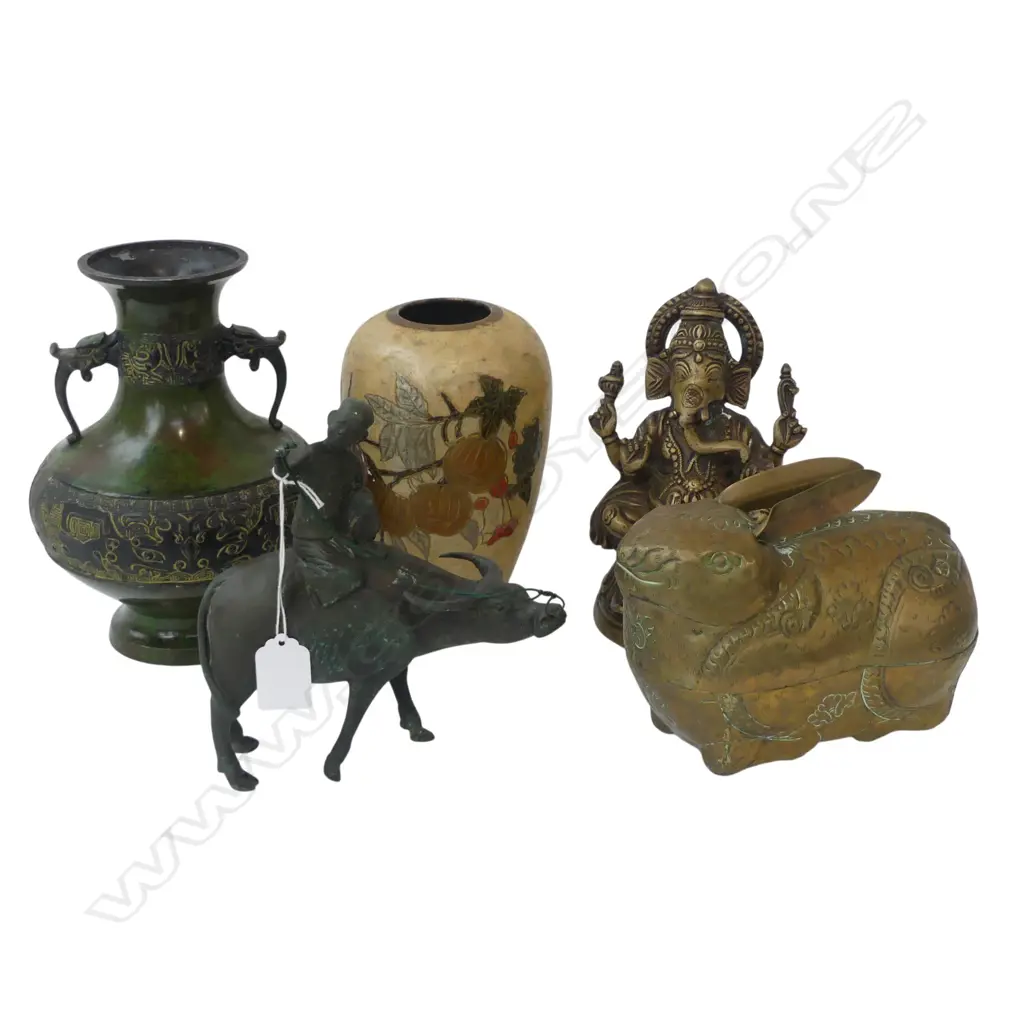 5 ORIENTAL METAL ITEMS; 2 VASES H.205mm, RABBIT, GANESHA, BRONZE FIGURE ON OX Image 1++