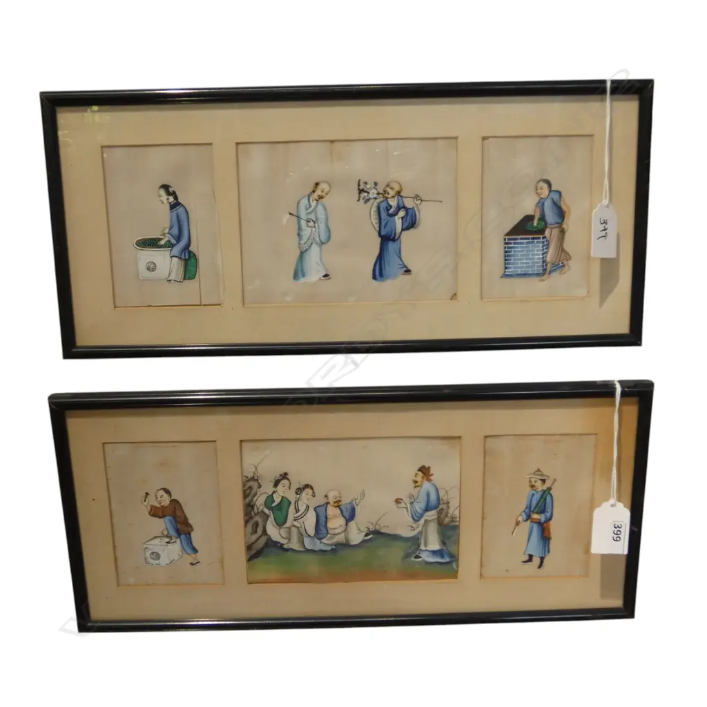 2 FRAMED PITH 3 PANEL WATERCOLOURS one foxed with tears 105x140 & 105x70mm Image 1++