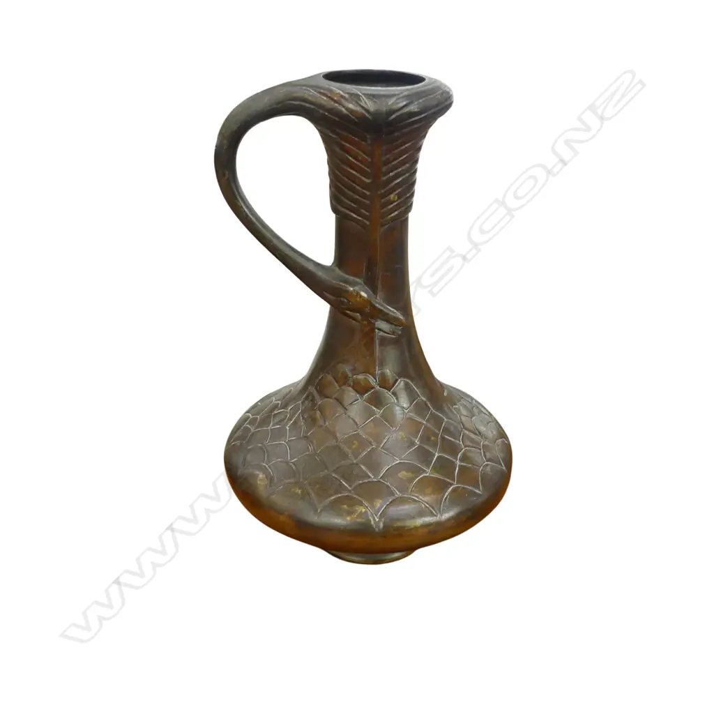 JAPANESE MEIJI BRONZE STORK HANDLED VASE. Fish scale detail to the spreading base. H.220mm Image 1++