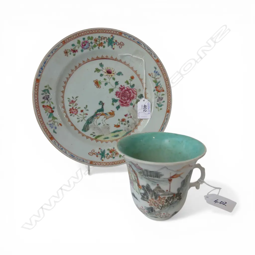 ANTIQUE CHINESE FAMILLE ROSE PLATE DIA240MM & MUG H80MM Image 1++