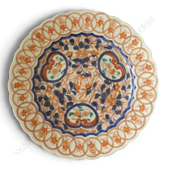 VINTAGE JAPANESE PORCELAIN IMARI PLATE deep bowl w. lobed rim Dia.310mm