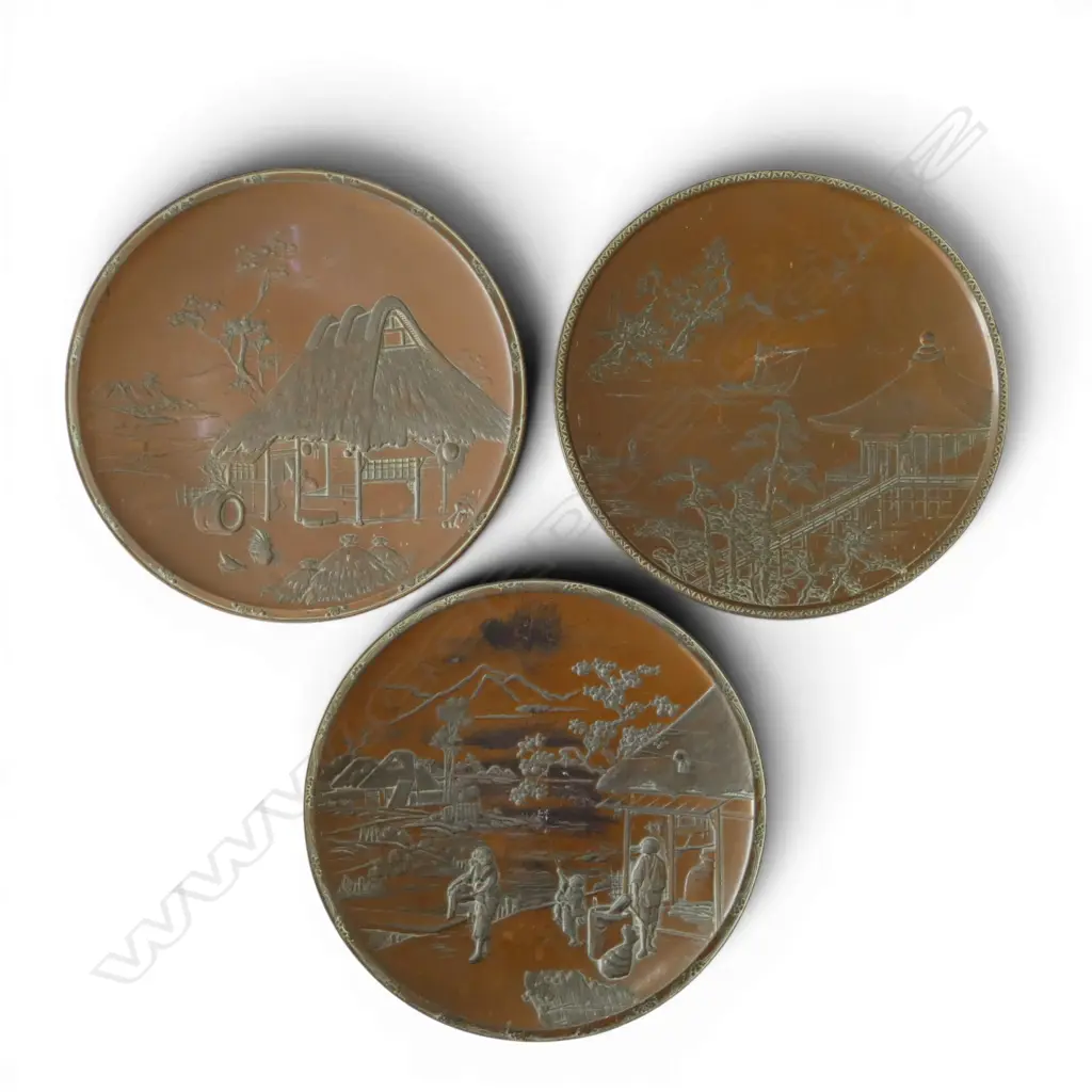 SET 3 HEAVY MEIJI JAPANESE WHITE METAL with bronze finish DISHES decorated in relief w pagodas & figures etc Dia.250mm. Image 1++