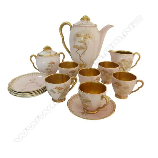 CARLTON WARE GILT ORIENTAL DESIGN 6 PLACE COFFEE SERVICE one saucer with repair