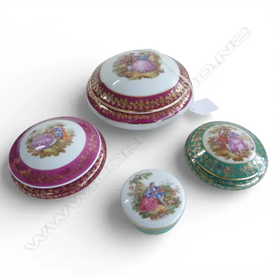 4 LIMOGE LIDDED BOXES circular lidded. Dia. lgest 130mm