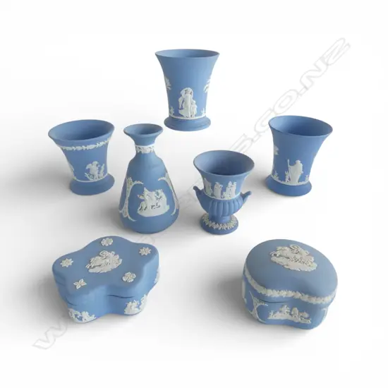 7 PCS WEDGWOOD BLUE JASPER WARE, 5 SML VASES & 2 TRINKET BOXES