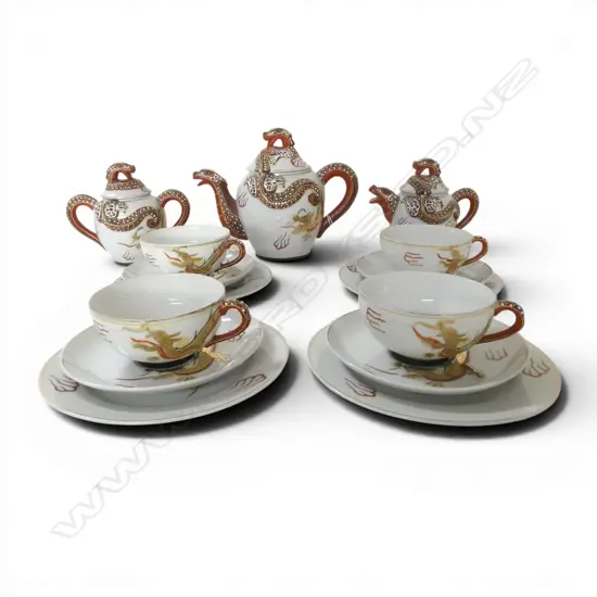 JAPANESE CHINA DRAGON TEASET TEAPOT C/SUGAR & 4 CSPS