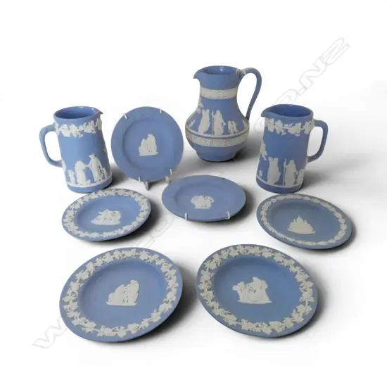 9 PCS WEDGWOOD BLUE JASPER WARE; 3 JUGS & 6 SML DISHES