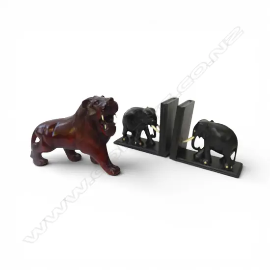 PR ELEPHANT BOOKENDS, CARVED WOODEN LION L.230mm
