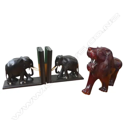 PR ELEPHANT BOOKENDS, CARVED WOODEN LION L.230mm
