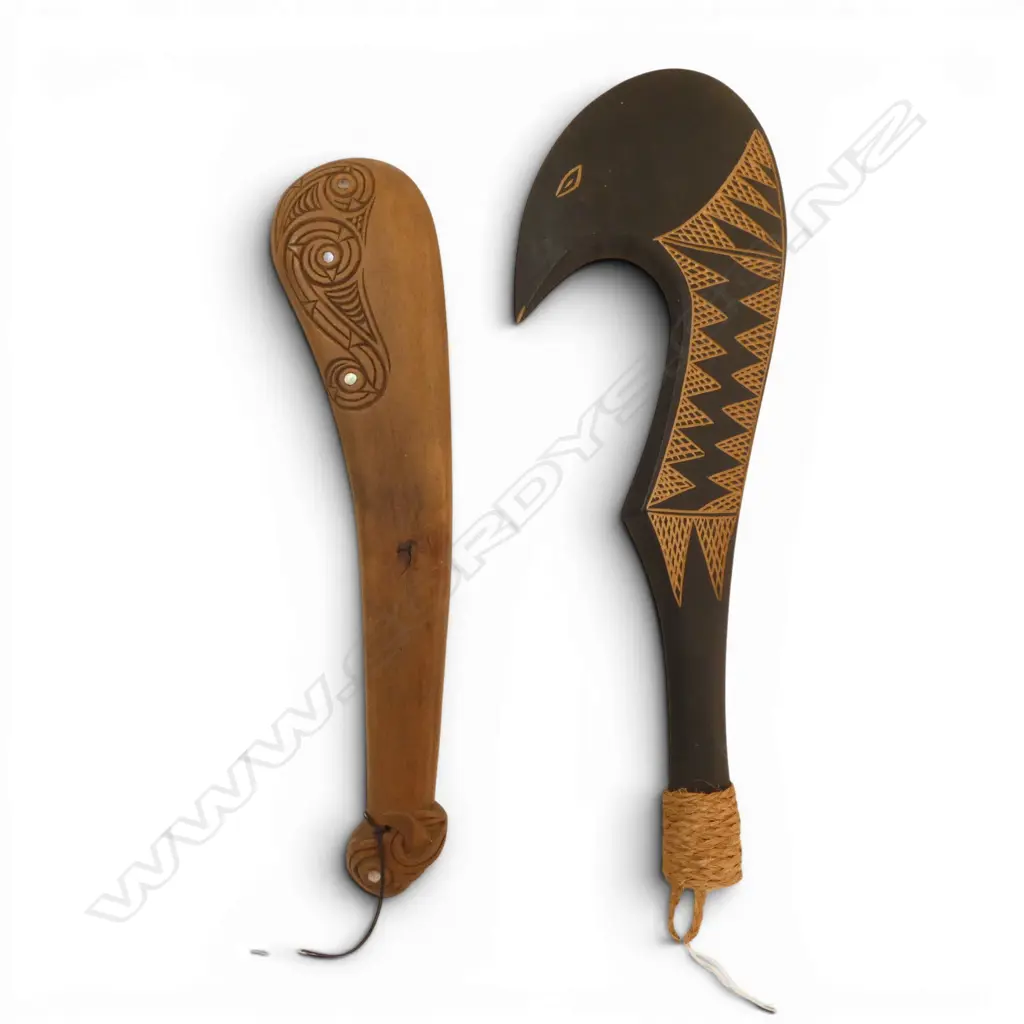 CARVED WOODEN PATU, L.350mm & CARVED SAMOAN CLUB, L.380mm Image 1++