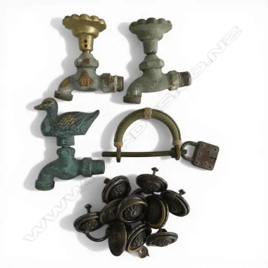 3 BRASS NOVELTY TOPPED TAPS, ANTIQUE RING PULL KNOBS & LOCK