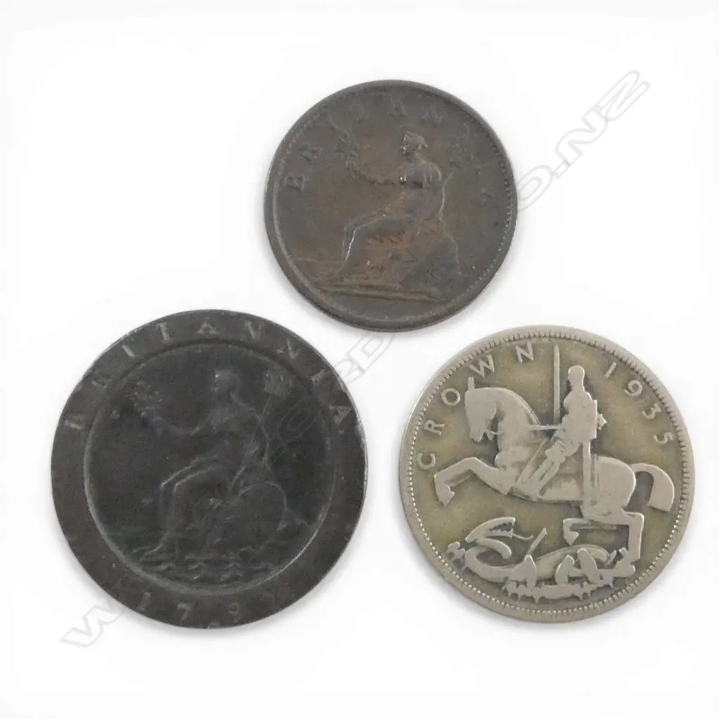 3 OLD ENGLISH COINS: 1935 SILVER CROWN + 1797 TWOPENCE CARTWHEEL Dia.41mm + 1807 PENNY Dia.34mm Image 1++