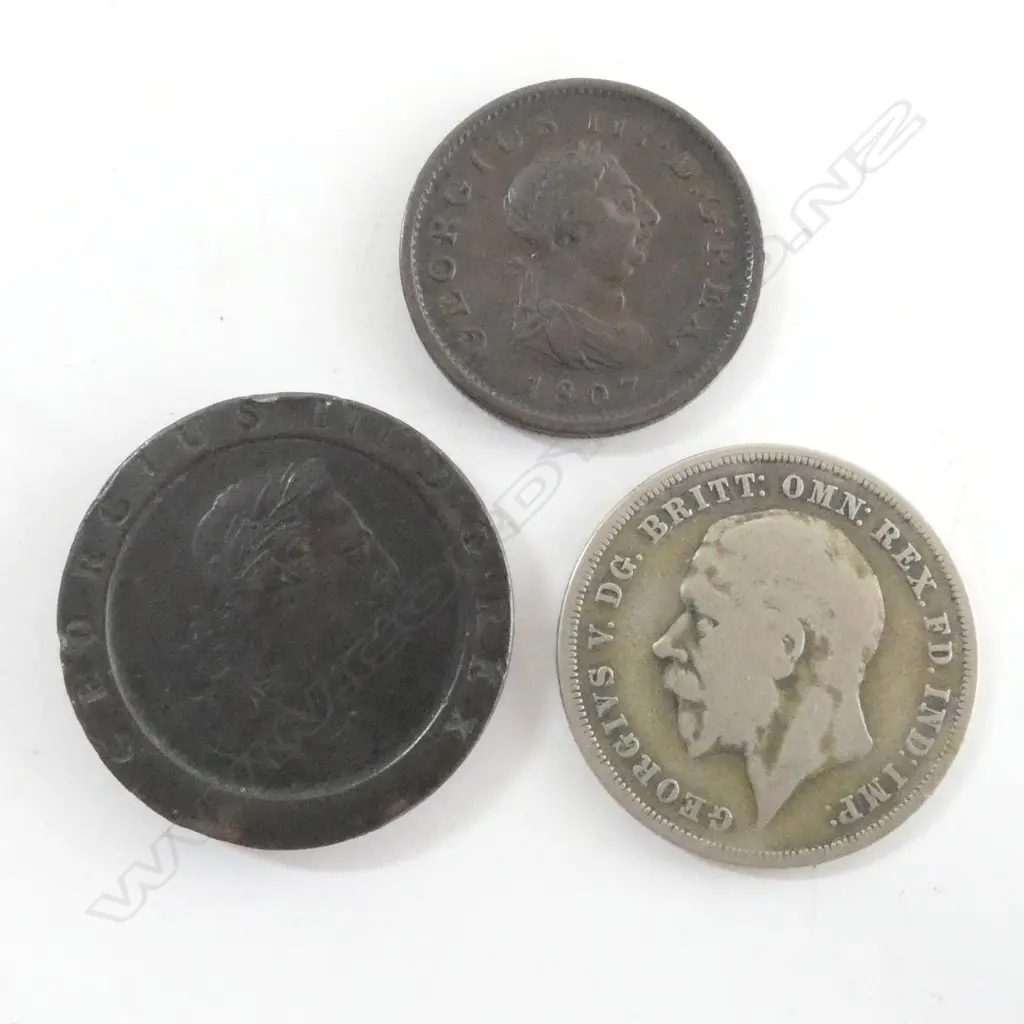 3 OLD ENGLISH COINS: 1935 SILVER CROWN + 1797 TWOPENCE CARTWHEEL Dia.41mm + 1807 PENNY Dia.34mm Image 1++