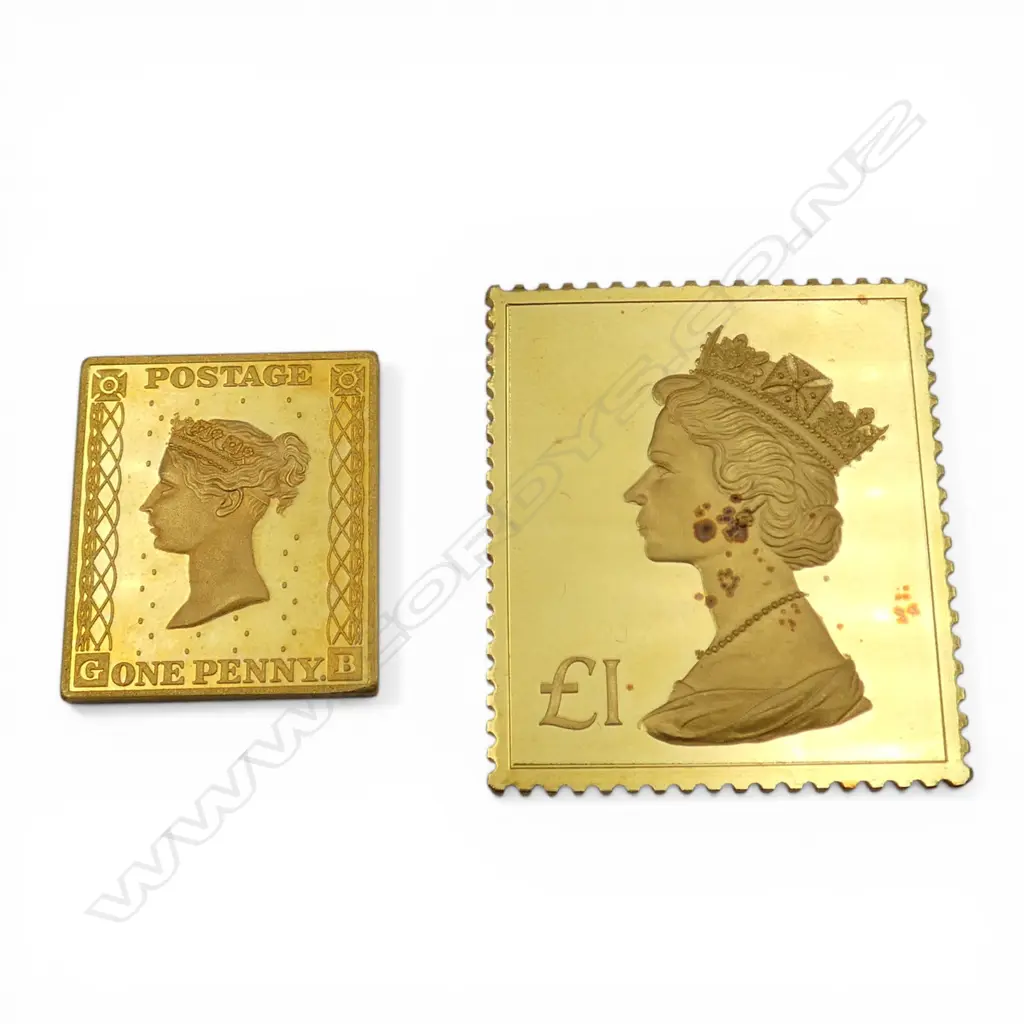 2 22ct STAMP REPLICAS; PENNY BLACK & £ MACHIN 38.3gms 2959/3000 Image 1++