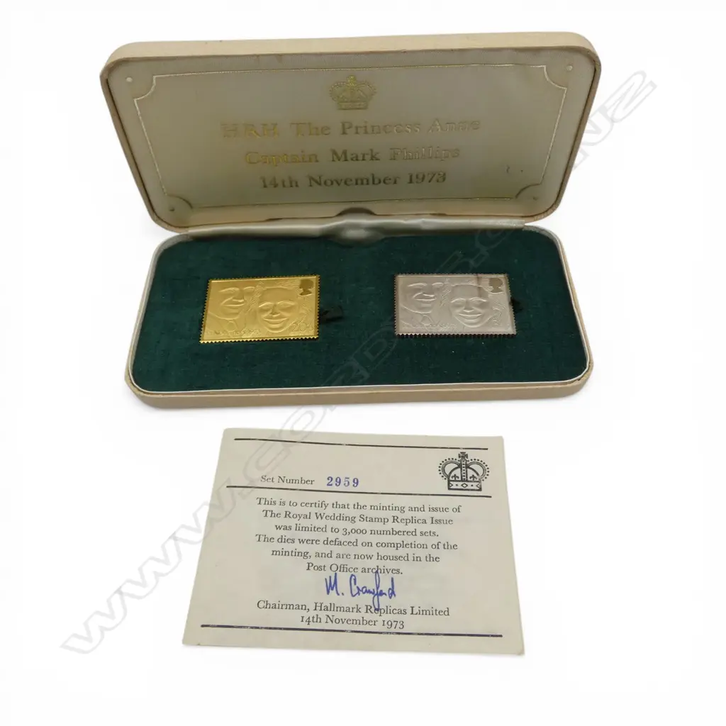 2 STAMP REPLICAS; HRH PRINCESS ANNE WEDDING, 22CT 26.4gms, STG SILVER 26.2gms 30x40mm 2959/3000 Image 1++