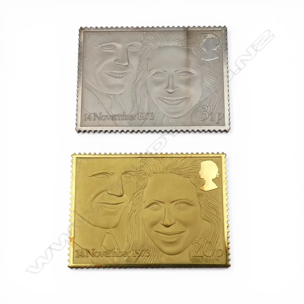 2 STAMP REPLICAS; HRH PRINCESS ANNE WEDDING, 22CT 26.4gms, STG SILVER 26.2gms 30x40mm 2959/3000 Image 1++