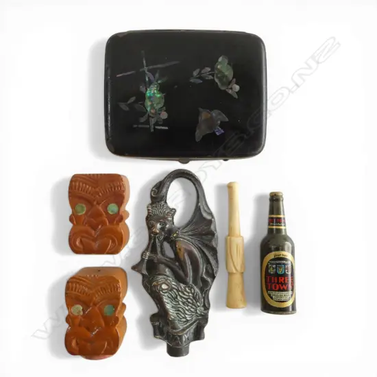 PR 20thC CARVED WHEKU HEAD S/P SHAKERS, BONE CIG. HOLDER, THREE TOWN BEER BOTTLE LIGHTER, INLAID CIG. CASE & OTHER
