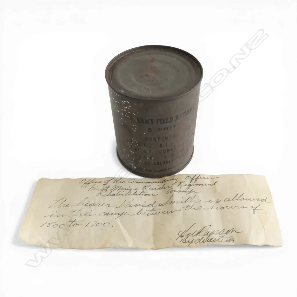 WWII U.S. ARMY FIELD RATION C B UNIT TIN with note from First Marine Raider Regiment Commanding Officer (Auckland)... Image 1++