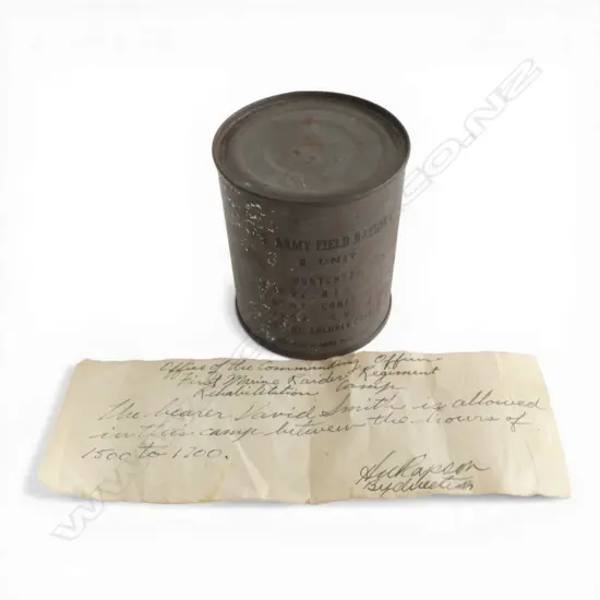 WWII U.S. ARMY FIELD RATION C B UNIT TIN with note from First Marine Raider Regiment Commanding Officer (Auckland)...